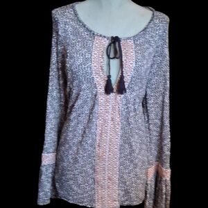 Altar'd State Taupe & Peach Tie-Front Peasant Top